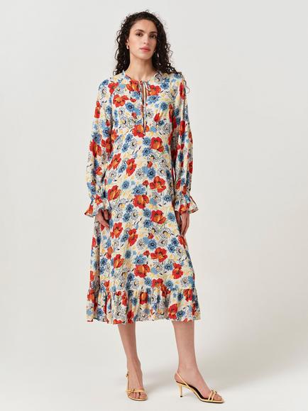 Ghost Georgie Tie Neck Crepe Midi Dress, Ivory/Multi, Ivory/Multi