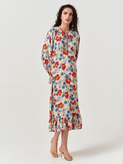 Ghost Georgie Tie Neck Crepe Midi Dress, Ivory/Multi - view 2, Ivory/Multi