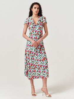 Ghost Kimmy Floral Frill Neck Crepe Midi Dress, Pink/Multi, Pink/Multi