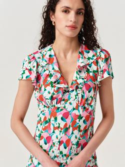 Ghost Kimmy Floral Frill Neck Crepe Midi Dress, Pink/Multi - view 2, Pink/Multi