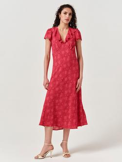 Ghost Kimmy Floral Frill Neck Crepe Midi Dress, Pink, Pink