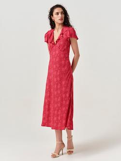 Ghost Kimmy Floral Frill Neck Crepe Midi Dress, Pink - view 2, Pink