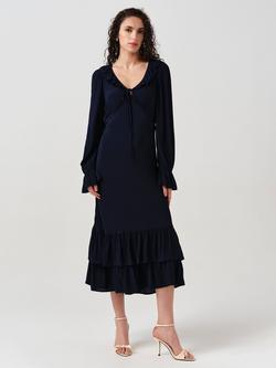 Ghost Melina Crepe Ruffle Hem Midi Dress, Navy
