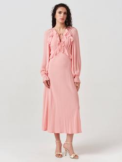 Ghost Naomi Long Sleeve Frill Midi Dress, Pink