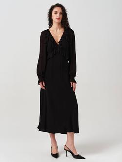 Ghost Naomi Long Sleeve Frill Midi Dress, Black