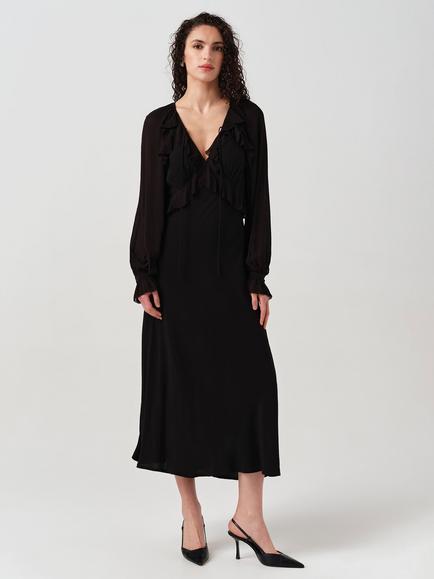 Ghost Naomi Long Sleeve Frill Midi Dress, Black