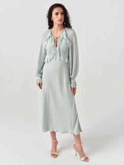 Ghost Naomi Long Sleeve Frill Midi Dress, Mint Green
