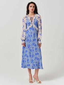 Ghost Naomi Floral Long Sleeve Frill Midi Dress, Blue/Multi, Blue/Multi