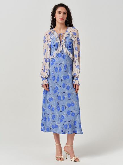 Ghost Naomi Floral Long Sleeve Frill Midi Dress, Blue/Multi, Blue/Multi