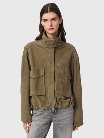 AllSaints Clay Funnel Neck Suede Jacket, Olive Green, Olive Green