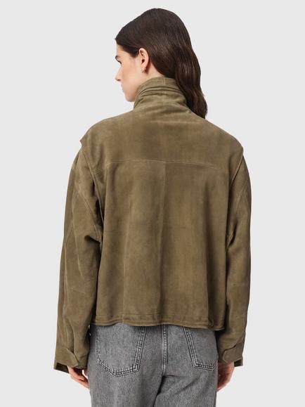 AllSaints Clay Funnel Neck Suede Jacket, Olive Green - view 2, Olive Green