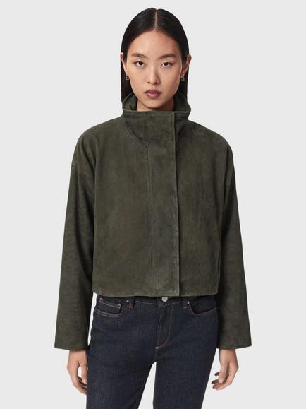 AllSaints Ryder High Neck Suede Jacket, Khaki Green, Khaki Green