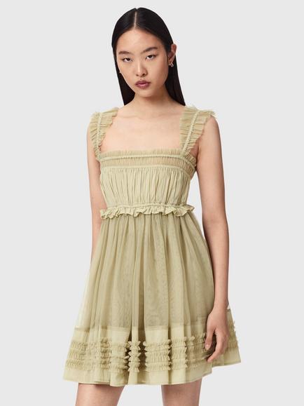 AllSaints Angela Sleeveless Gathered Frill Mini Dress, Haze Green, Haze Green