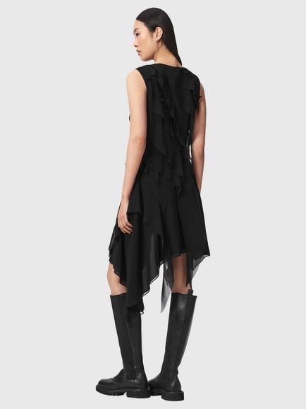 AllSaints Angie Sleeveless Asymmetric Ruffle Mini Dress, Black - view 2, Black