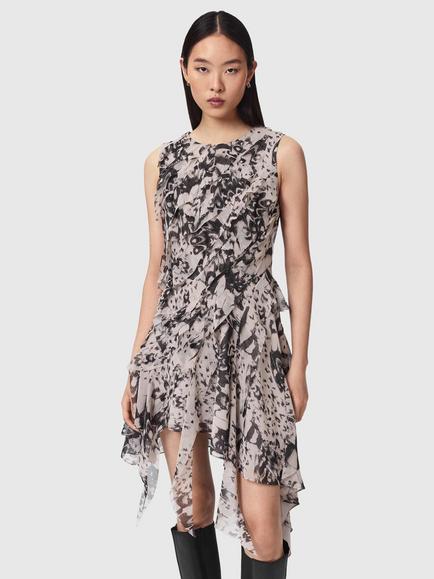 AllSaints Angie Ruffle Dip Hem Dress, Wing Chalk White, Wing Chalk White