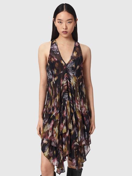 AllSaints Gretel Abstract Asymmetric Layered Hem Dress, Wildflower Black, Wildflower Black