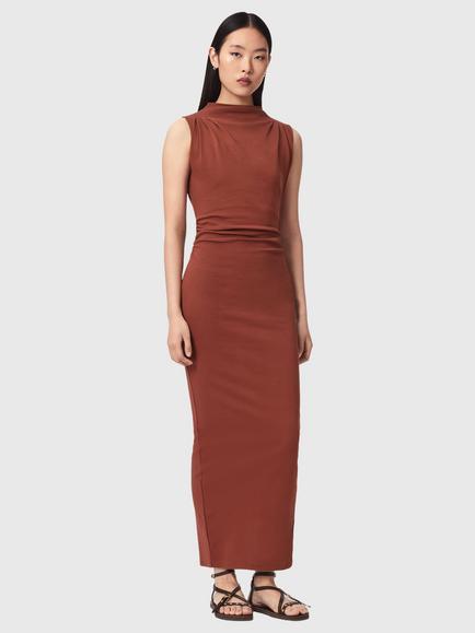 AllSaints Katarina Cowl Neck Bodycon Ruched Maxi Dress, Black, Rust Brown