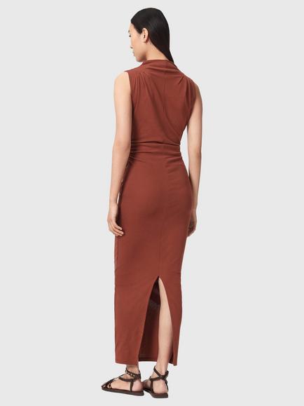 AllSaints Katarina Cowl Neck Bodycon Ruched Maxi Dress, Black - view 2, Rust Brown