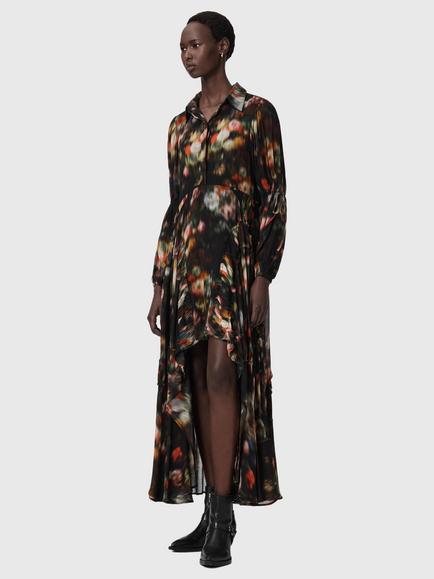 AllSaints Maria Floral Dip Hem Maxi Dress, Hazed Black, Hazed Black