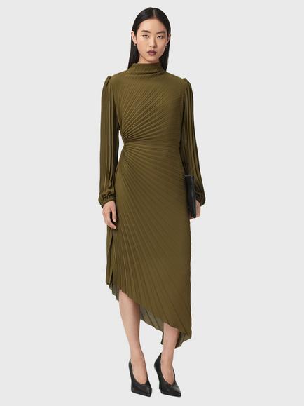 AllSaints Milena Pleated Midi Dress, Olive Khaki Green, Olive Khaki Green