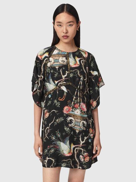 AllSaints Xena Floral Bird T-Shirt Mini Dress containing LENZING™ ECOVERO™ Viscose, Taravao Black