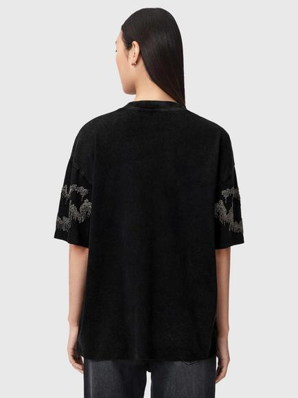 AllSaints Maia Etta Embellished Cotton T-Shirt, Washed Black - view 2, Washed Black