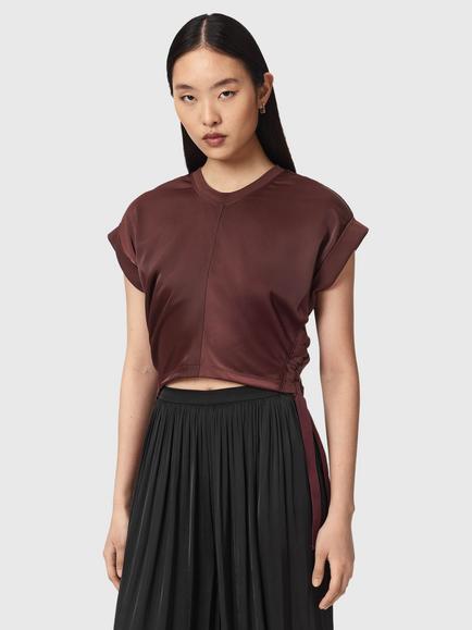 AllSaints Mira Satin Crew Neck T-Shirt, Wild Green, Burnt Red