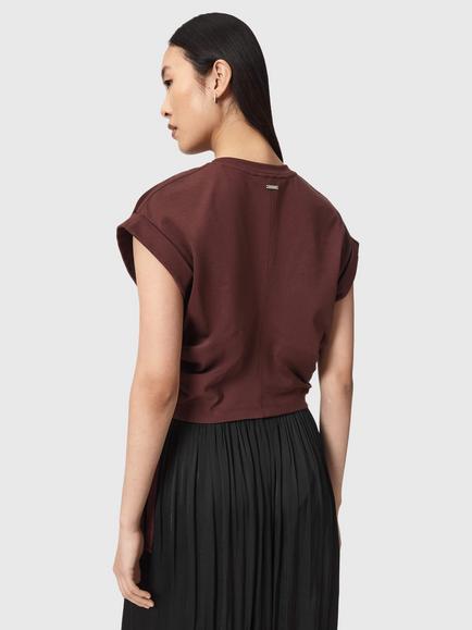 AllSaints Mira Satin Crew Neck T-Shirt, Wild Green - view 2, Burnt Red