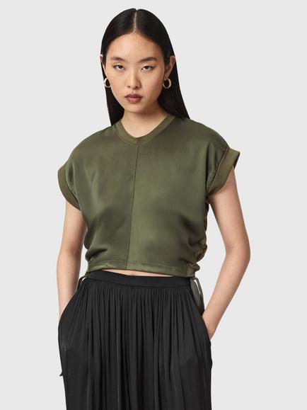 AllSaints Mira Satin Crew Neck T-Shirt, Wild Green, Wild Green