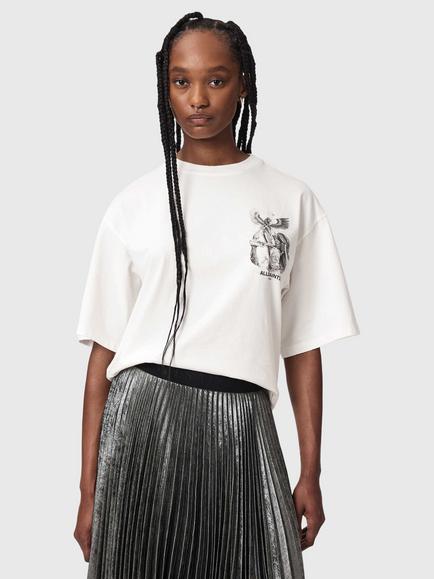 AllSaints Seraph Amelie Cotton Graphic Crew Neck T-Shirt, Washed Black, Chalk White
