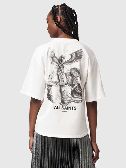 AllSaints Seraph Amelie Cotton Graphic Crew Neck T-Shirt, Washed Black - view 2, Chalk White