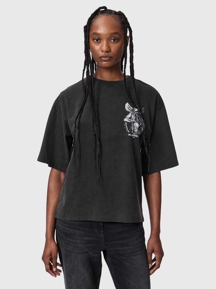 AllSaints Seraph Amelie Cotton Graphic Crew Neck T-Shirt, Washed Black, Washed Black
