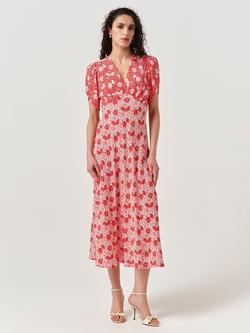 Ghost Faye Floral Crepe Midi Dress, Red/Multi, Red/Multi