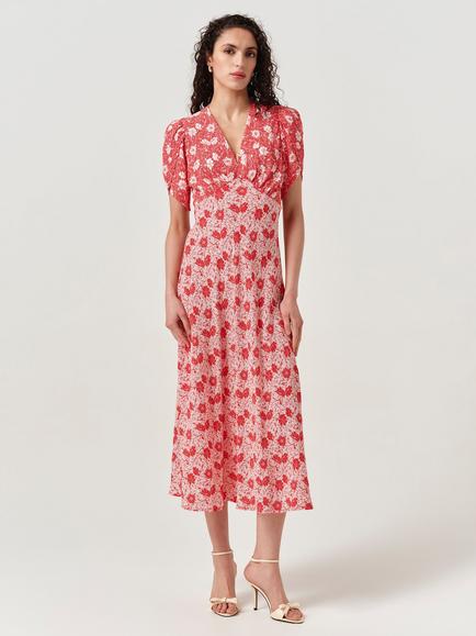 Ghost Faye Floral Crepe Midi Dress, Red/Multi, Red/Multi