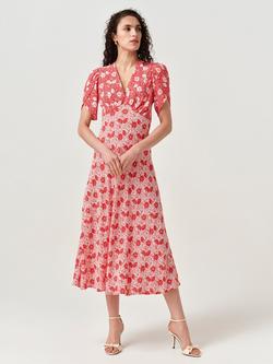 Ghost Faye Floral Crepe Midi Dress, Red/Multi - view 2, Red/Multi