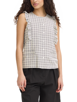 ICHI Ihjola Ruffle Trim Shell Top, Blue/White, Blue/White