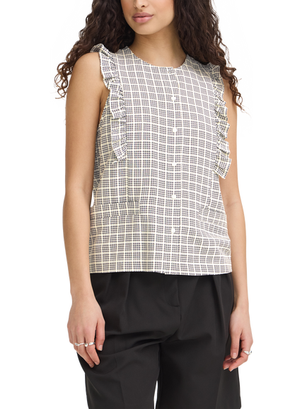 ICHI Ihjola Ruffle Trim Shell Top, Blue/White, Blue/White
