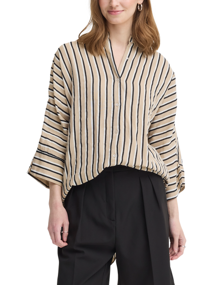 ICHI Iafoxa Striped Mandarin Collar Longline Shirt, Meteorite