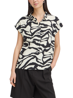 ICHI Ihlinno Collared Button Front Blouse, Black/White, Black/White