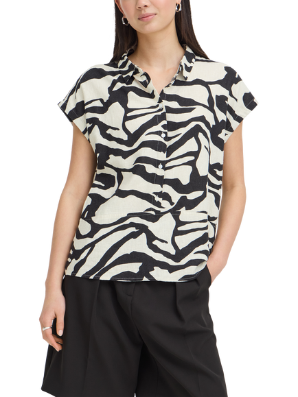 ICHI Ihlinno Collared Button Front Blouse, Black/White, Black/White