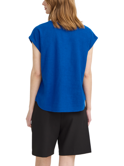 ICHI Ihlinno Linen Blend V-Neck Blouse, Sadalite Blue - view 2, Sodalite Blue