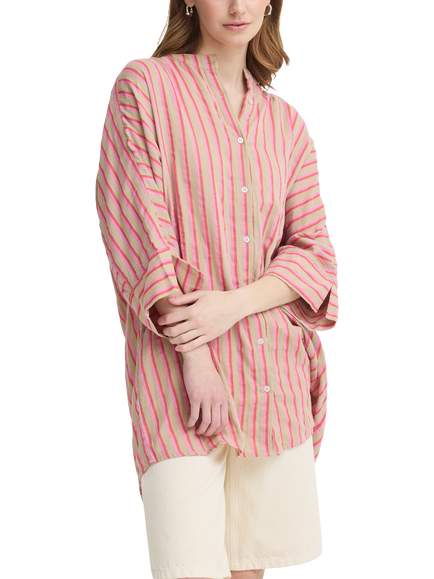 ICHI Iafoxa Striped Mandarin Collar Longline Shirt, Azalea
