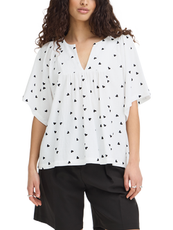ICHI Ihlifana Heart Print V-Neck Short Sleeve Blouse, White/Multi, White/Multi