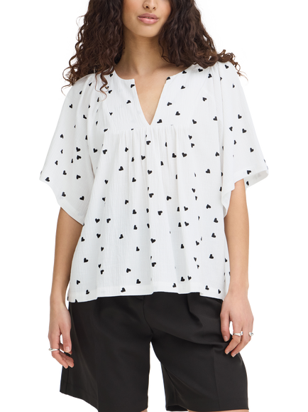 ICHI Ihlifana Heart Print V-Neck Short Sleeve Blouse, White/Multi, White/Multi