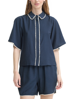 ICHI Ihleni Scallop Hem Short Sleeve Blouse, Total Eclipse, Total Eclipse