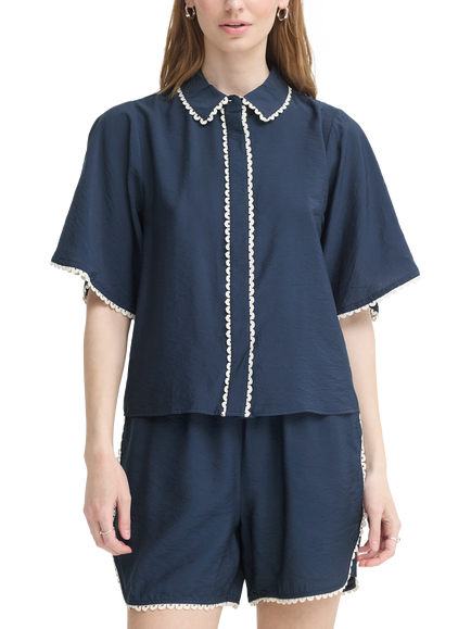 ICHI Ihleni Scallop Hem Short Sleeve Blouse, Total Eclipse, Total Eclipse