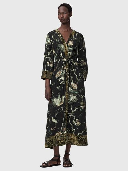 AllSaints Diana Mixed Print Wrap Midi Dress, Taravao Soft Green, Taravao Soft Green