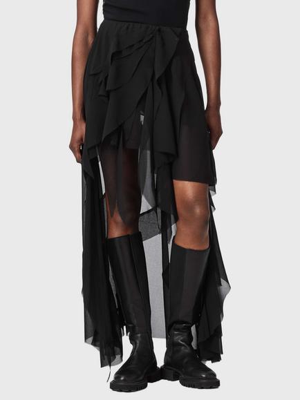AllSaints Melody Dip Hem Ruffle Maxi Skirt, Black, Black