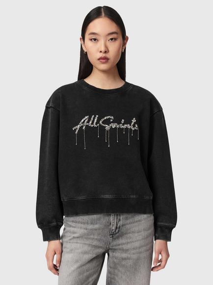 AllSaints Pippa Chains Embellished Cotton Sweatshirt, Washed Black, Washed Black