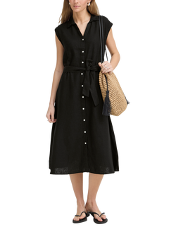 ICHI Ihlinno Linen Blend Midi Shirt Dress, Black, Black